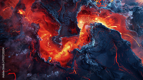 The abstract heart of a volcano, captured in fiery reds and oranges, clashing against cool blues and blacks to suggest nature's fury and beauty photo