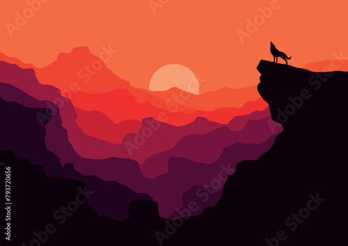 Wolf in mountains landscape panorama in the sunset. Vector illustration in flat style. © Fajarhidayah11