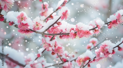 Close up image of flowering tree branches covered in snow