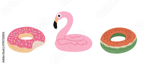 Set of rubber colorful inflatable.Rubber rings, inflatable ring collection. watermelon,  donut, flam