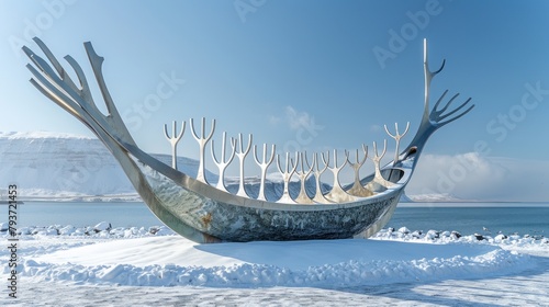 Solfar (Sun Voyager) Viking Sculpture stainless-steel modern sculpture of Viking longboat at Reykjavik in Iceland