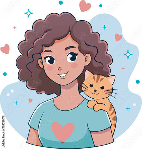 Cute Girl hugs her cat with love, the relationship between people and their pets, vector illustration