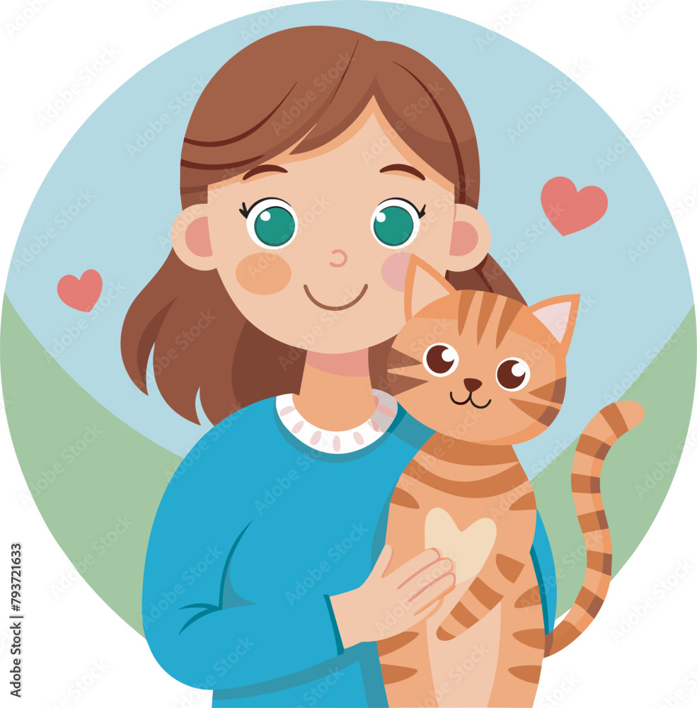 Cute Girl hugs her cat with love, the relationship between people and their pets, vector illustration