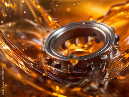Close-up view of a metal bearing with dynamic oil splashes, symbolizing machinery lubrication and maintenance. © cherezoff