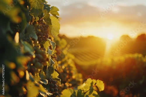A picturesque view of a vineyard bathed in the golden light of a setting sun, with grapevines extending into the horizon.