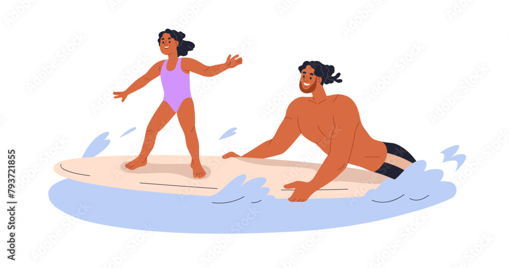 Father teaching daughter surfing on board. Dad and girl kid on surfboard, active summer sport together. Happy family spending time in sea. Flat vector illustration isolated on white background