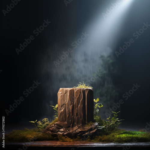 Rain-damp stone rocky podium in misty dense forest. Pedestal for eco-friendly products. Atmospheric natural background, natural stone pedestal after rain in natural plants
