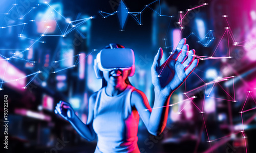 Blurry female standing in cyberpunk style building in meta wear VR headset connecting metaverse, future cyberspace community technology. Woman use hand touching virtual reality objects. Hallucination.