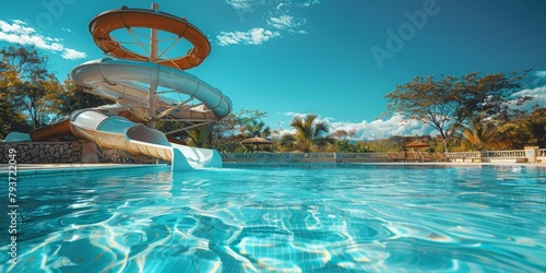 a classic water park with a diving platform and a spiral water slide leading into a crystal clear pool. photo