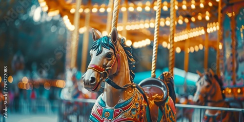 A color image of a lone figure riding a carousel horse