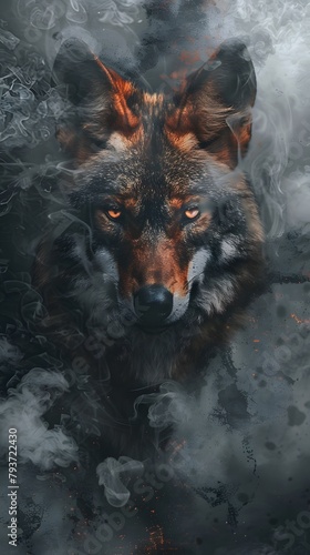 a red wolf on a misty background
