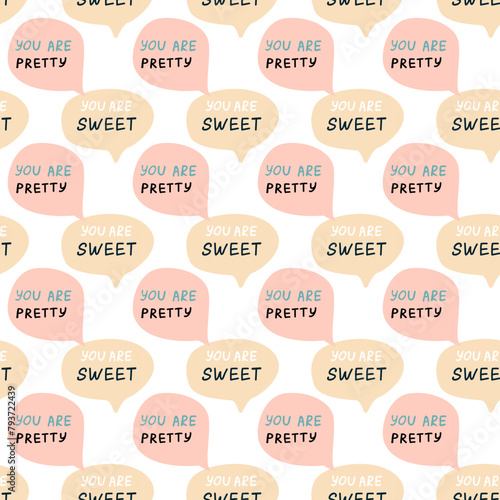Set of speech bubbles with compliment phrases, self love quotes. Vector illustration can use for banner, poster.