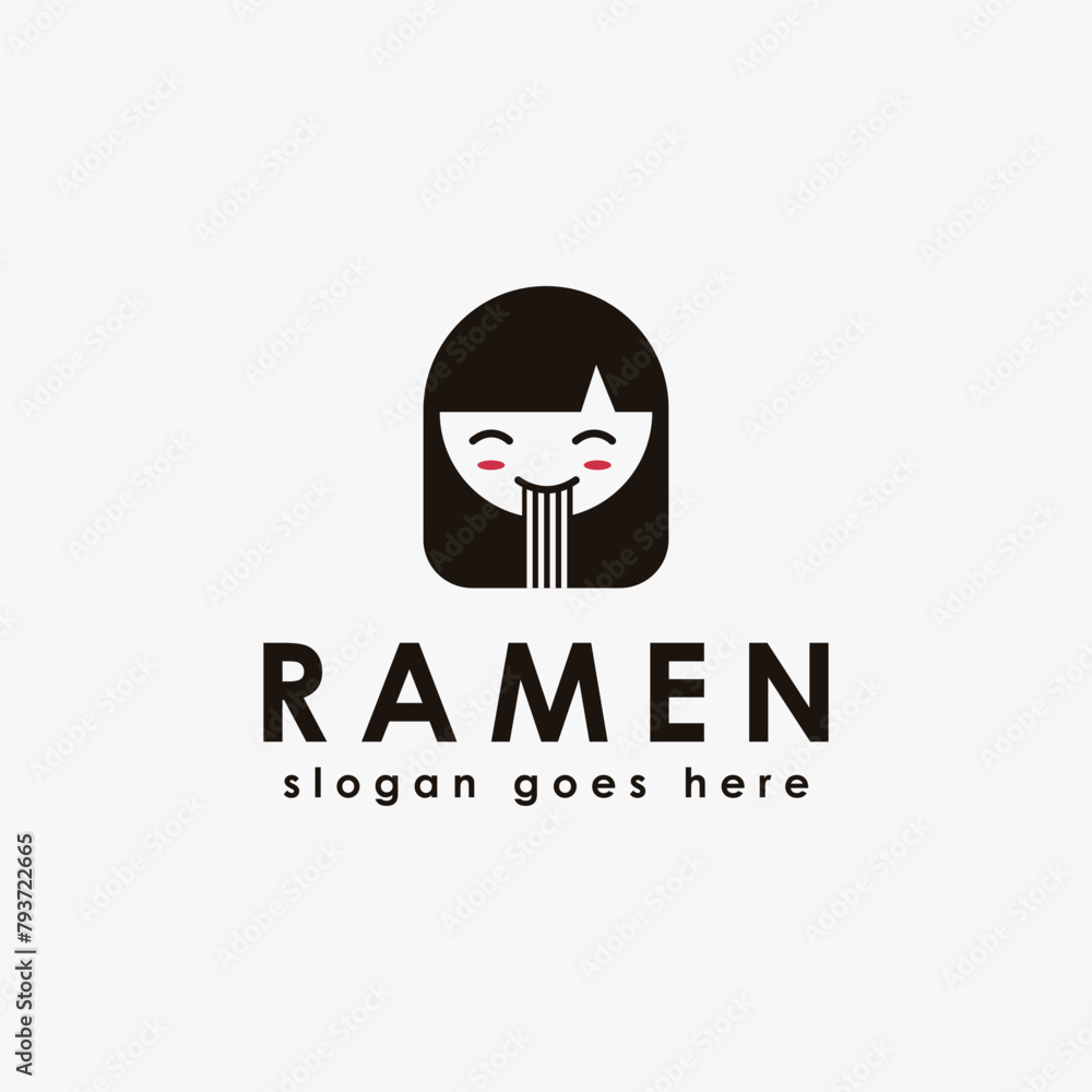 A cute happy girl eating noodles ramen logo icon vector template on white background A cute happy girl eating noodles ramen logo icon vector template on white background