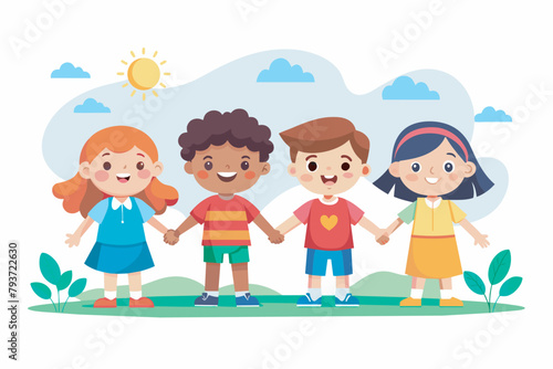 Cute children holding each other's hands and standing, Happy school children stand together and hold hands, vector illustration
