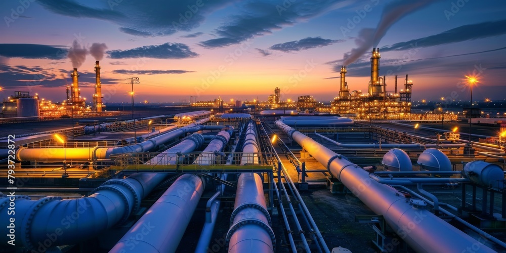 A long line of pipes are seen in the distance, with a sunset in the background A long line of pipes are seen in the distance, with a sunset in the background