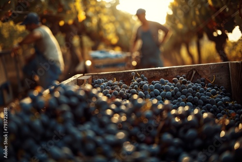 A vivid depiction of grape picking at sunset in a vineyard, featuring workers in the background and a close-up of ripe grapes in the foreground.