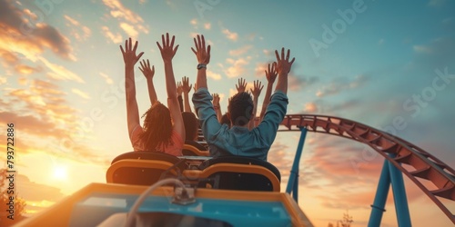 A group of people are riding a roller coaster at sunset