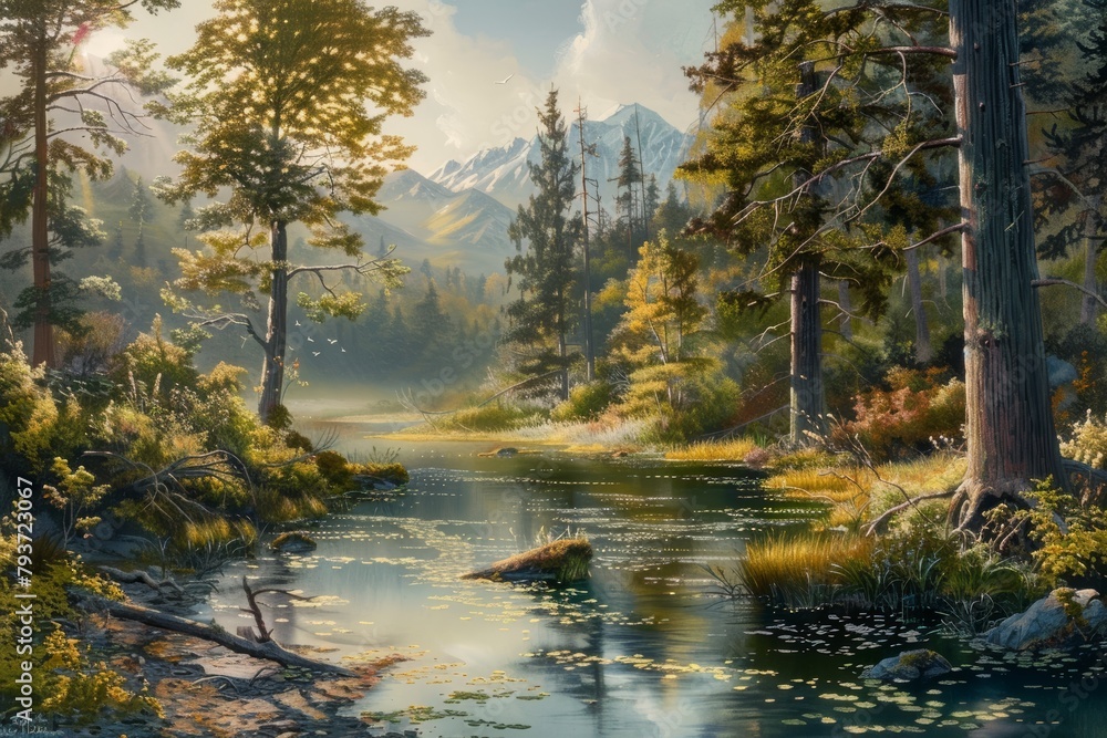 A painting of a forest with a river running through it. The painting is full of trees and the water is calm