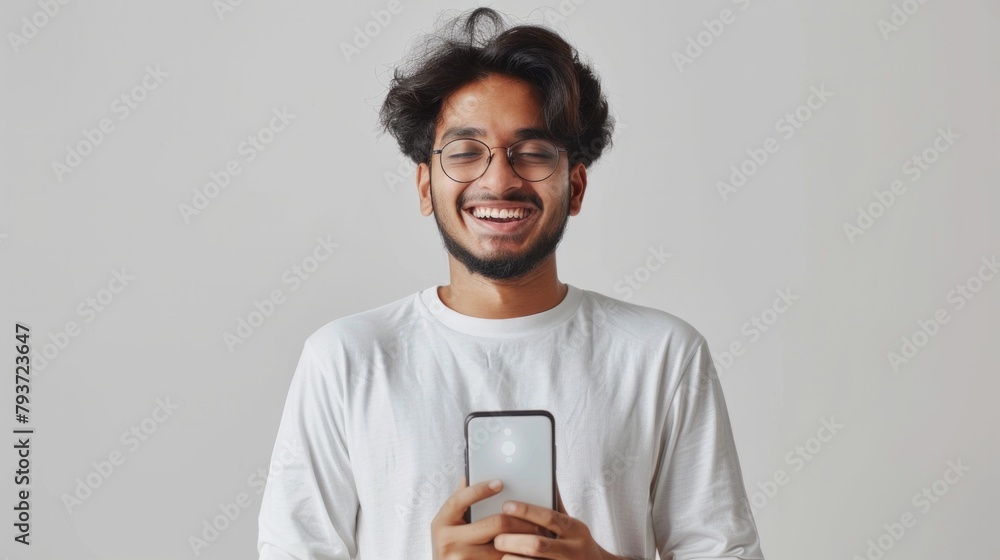 Happy smiling indian business man employee or manager standing isolated on gray background holding using digital tablet advertising online product, business trainings webinars, websites or services. Happy smiling indian business man employee or manager standing isolated on gray background holding using digital tablet advertising online product, business trainings webinars, websites or services.