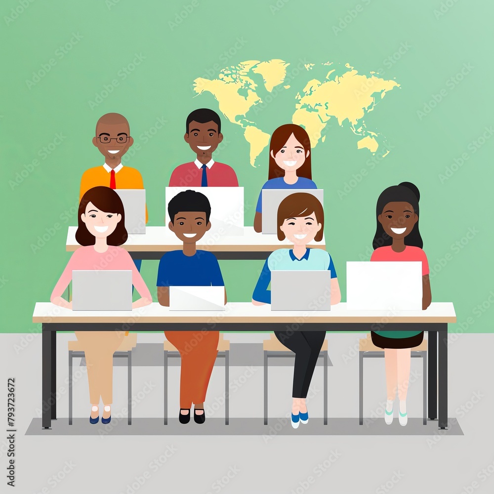 education, classroom with diverse students, illustration style education, classroom with diverse students, illustration style