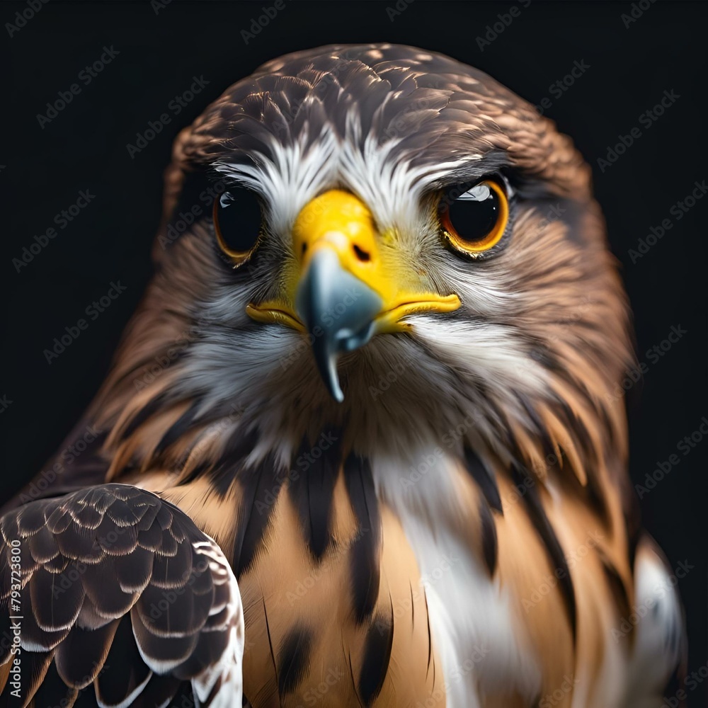 AI generated illustration of a hawk with large eyes looking into the distance AI generated illustration of a hawk with large eyes looking into the distance