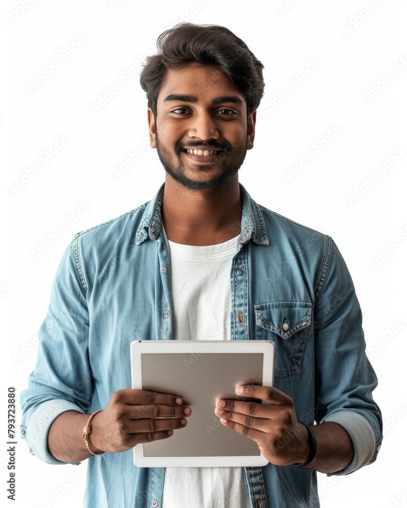 Happy smiling indian business man employee or manager standing isolated on gray background holding using digital tablet advertising online product, business trainings webinars, websites or services. Happy smiling indian business man employee or manager standing isolated on gray background holding using digital tablet advertising online product, business trainings webinars, websites or services.