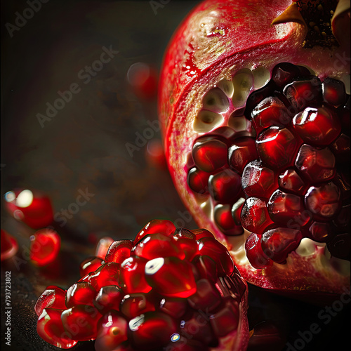 Dark, moody close-up of pomegranate halves, showcasing glistening seeds with a soft glow. photo