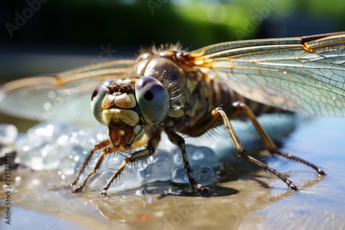 In this close-up shot, a fly is seen resting delicately on the surface of the water. The intricate details of the flys body and wings are visible, contrasting against the shimmering water
