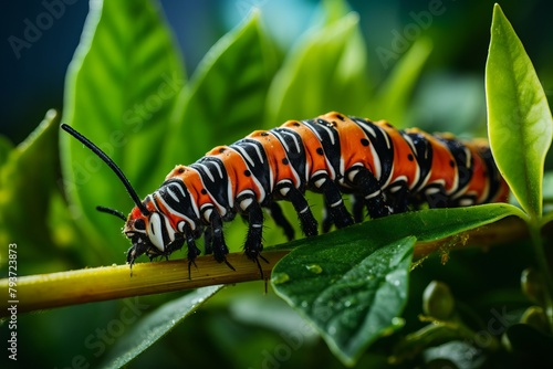 A detailed view of a caterpillar with vibrant colors, clearly seen devouring a leaf on a plant with its mouthparts photo