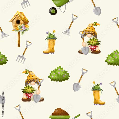 Seamless pattern garden tools and decor.