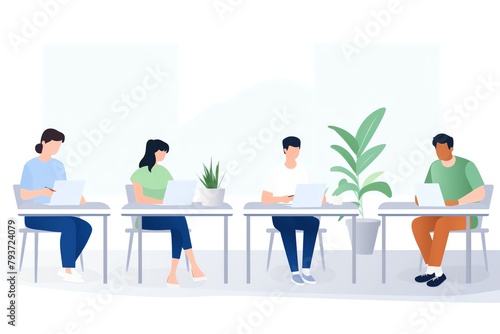 adult education, adults in an evening class, illustration style