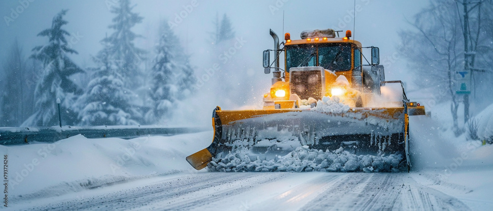 A snowplow with flashing lights clears a snowy road during a heavy blizzard storm. A snowplow with flashing lights clears a snowy road during a heavy blizzard storm.