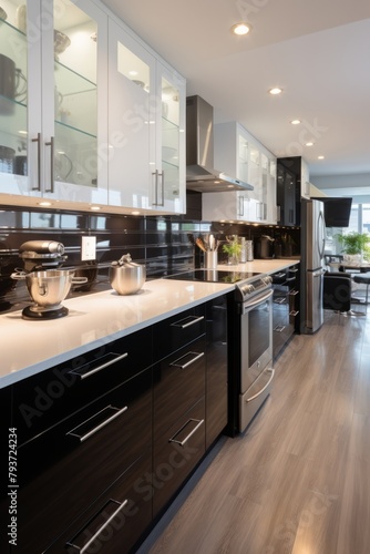 A spacious contemporary kitchen featuring high gloss cabinets, a center island, and a stove top oven. The kitchen is well-equipped for cooking and entertaining