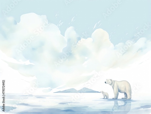 Polar bear cub following its mother across a snowy landscape, with icy blue hues and crisp winter air visible in the shot © Jeannaa
