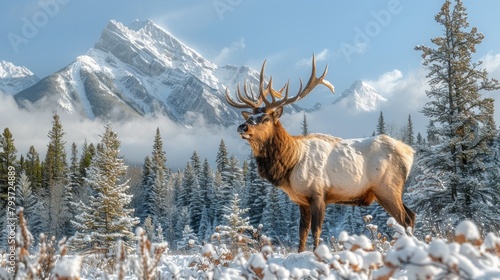 A majestic elk stands amidst the snowy peaks of Banff National Park, its antlers reaching towards the heavens in a portrait of wintery beauty and grace. © Wanlop