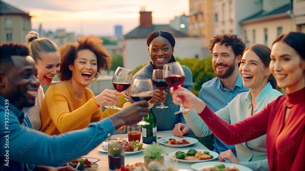 Obraz premium Joyful Multiracial Friends Enjoying Rooftop Dinner Party | Food and Beverage Concept