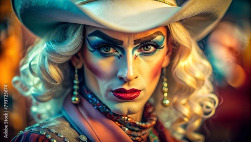 Kitsch Cowboy Drag Queen Portrait - Campy Fashion and Makeup Close-up Stock Photo