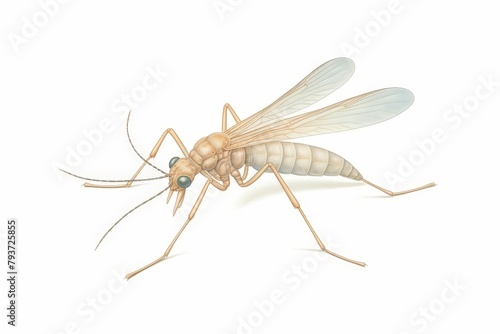 Drawing of a small, pale colored, gnat with long antennae and legs.
