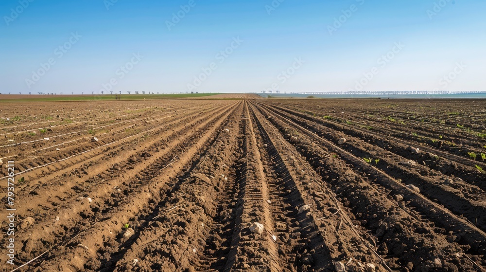 Photo of a plowed field with freshly tilled soil. Photo of a plowed field with freshly tilled soil.
