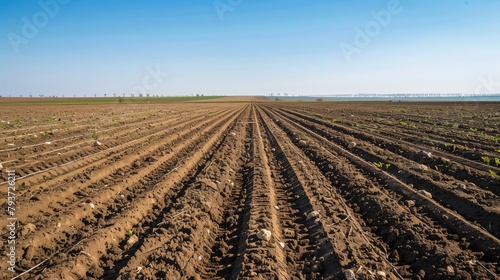 Photo of a plowed field with freshly tilled soil.