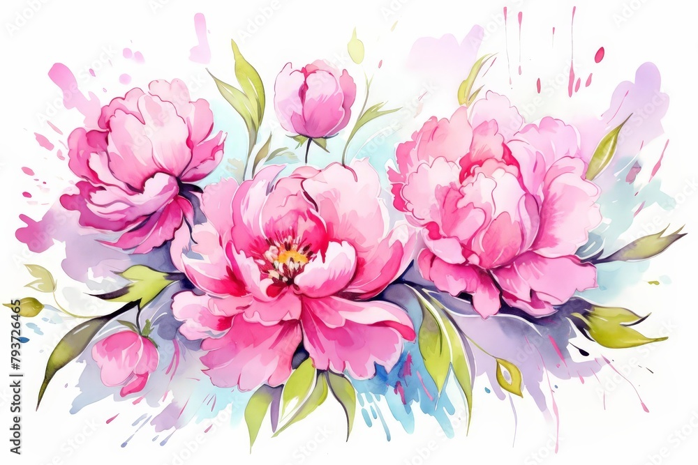A watercolor painting of pink peonies with green leaves on a white background