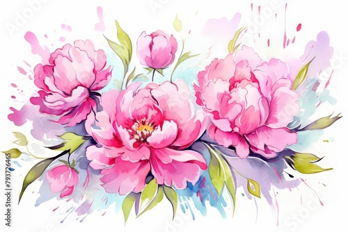 A watercolor painting of pink peonies with green leaves on a white background