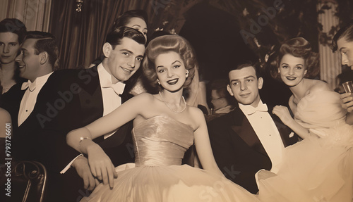 group of young people at party, sepia film vintage photo 1940, 1950	
