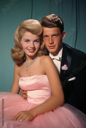 young engaged couple in dress prom king and queen, vintage color photo 1960s