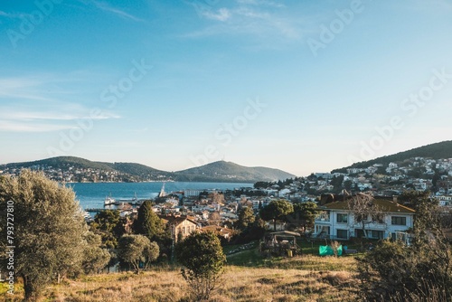 Fototapeta Naklejka Na Ścianę i Meble -  Heybeliada and Buyukada view from Heybeliada Island, Princes' Islands in the Sea of Marmara