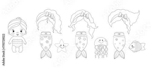 Paper doll  clothes outline. Coloring page for kids. Cute girl with clothes, Mermaid clothes. Coloring page, book. Vector illustration isolated white background