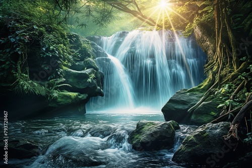 Sparkling Sunlight Waterfalls: Captivating Cascading Waterfall Photo Backgrounds