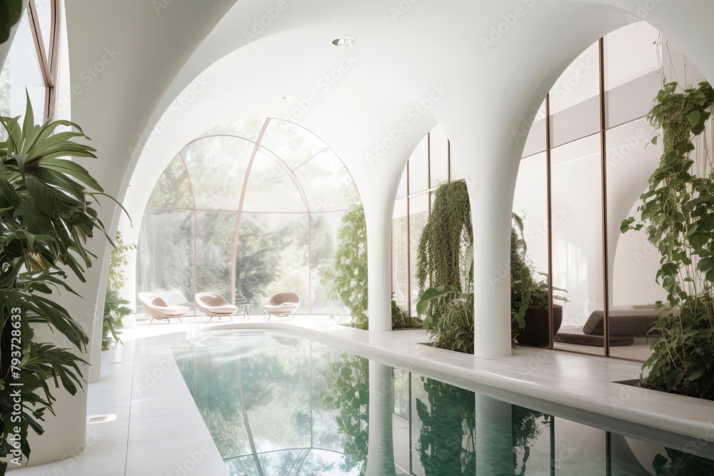 Serene Indoor Swimming Pool with Greenery and Relaxation Garden Stock ...