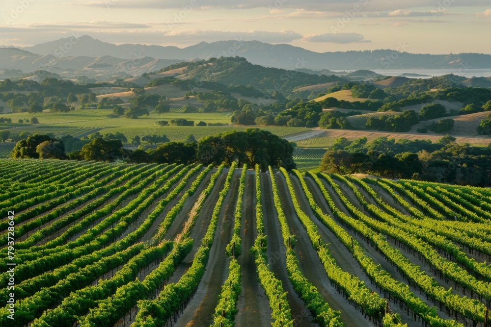 Elegant view of a vineyard at sunset, showcasing the vibrant green rows under a golden sky, with rolling hills and a serene lake in the background.