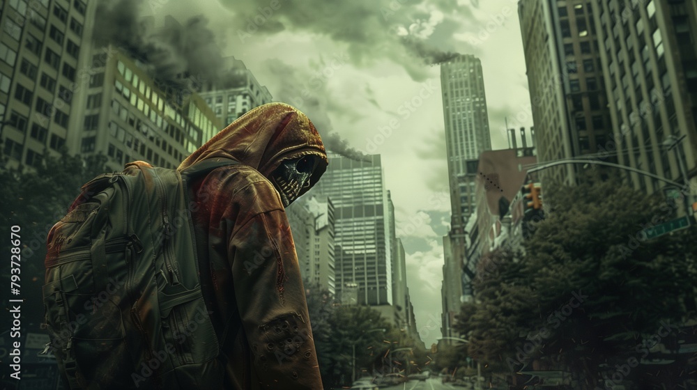 zombie in a destroyed city, apocalyptic landscape - obrazy, fototapety, plakaty 